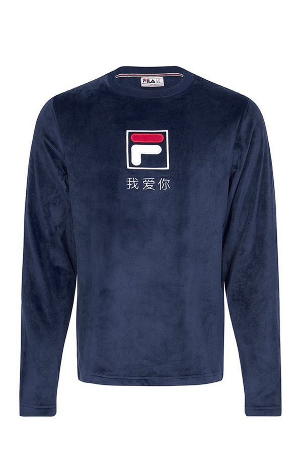 Fila Dalbert Velour Long Sleeve Men's T-Shirts - Navy/White/Red,NZ 61-29504